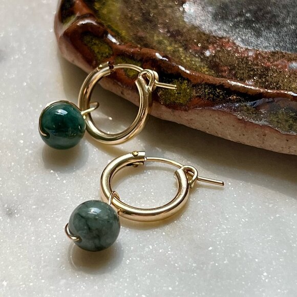 Gold Filled Huggies with Removable Forest Green Jade Charms - Picture 4 of 7